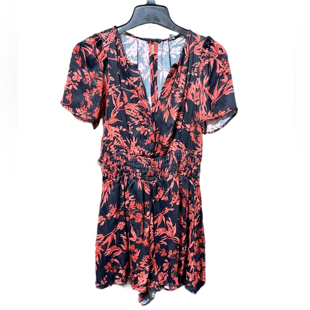 Anthropologie the Somerset: Black and Red Floral Satin Romper Edition XS